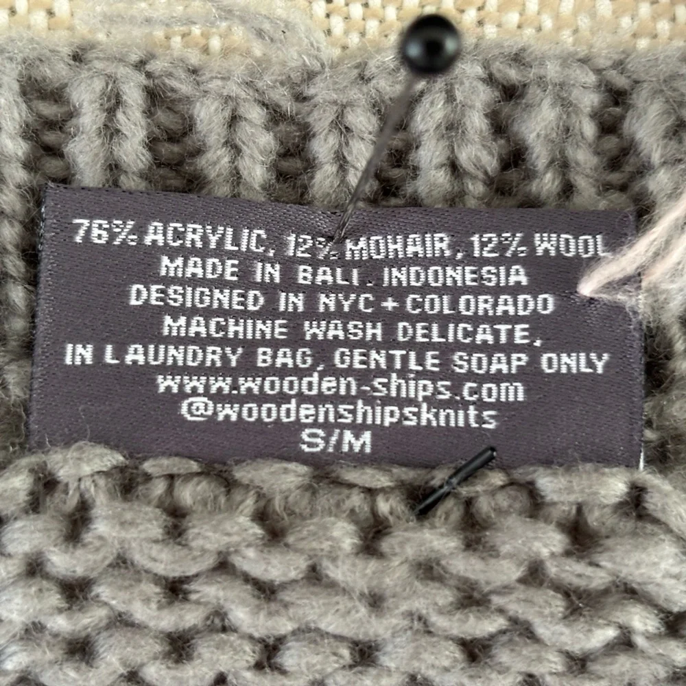 Wooden Ships Snow Bum Graphic Sweater NWT Gray Distressed Slouchy Winter S/M